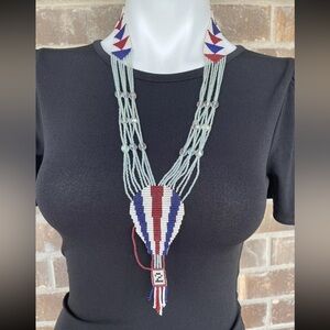 Red, White & Blue Hot Air Balloon Seed Beaded Necklace